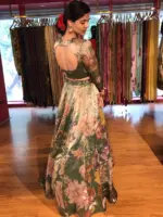 Bottle Green Printed Tissue Silk Lehenga Set - Image 3