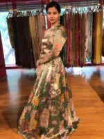 Bottle Green Printed Tissue Silk Lehenga Set - Image 2