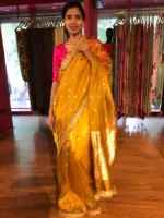 Mustard Yellow Tissue Silk Saree with Gota Detailing - Image 5