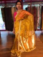 Mustard Yellow Tissue Silk Saree with Gota Detailing - Image 2