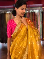 Mustard Yellow Tissue Silk Saree with Gota Detailing - Image 3