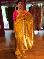 Mustard Yellow Tissue Silk Saree with Gota Detailing - Image 4