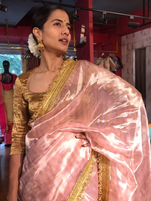 Pink Tissue Silk Saree with Gota Border Detailing - Image 1
