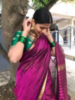 Magenta Mangalagiri Silk Saree woven in Gold Zari Checks