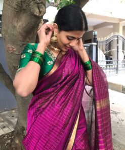 Magenta Mangalagiri Silk Saree woven in Gold Zari Checks