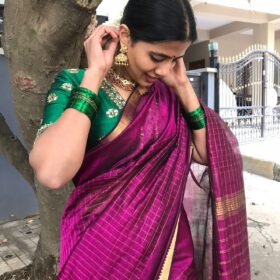 Magenta Mangalagiri Silk Saree woven in Gold Zari Checks
