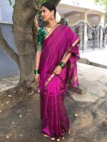 Magenta Mangalagiri Silk Saree woven in Gold Zari Checks - Image 5