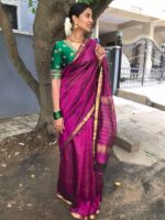 Magenta Mangalagiri Silk Saree woven in Gold Zari Checks - Image 6