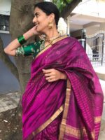 Magenta Mangalagiri Silk Saree woven in Gold Zari Checks - Image 3