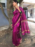 Magenta Mangalagiri Silk Saree woven in Gold Zari Checks - Image 4