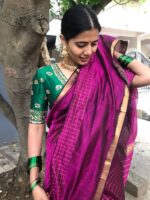 Magenta Mangalagiri Silk Saree woven in Gold Zari Checks - Image 7