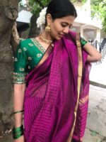 Magenta Mangalagiri Silk Saree woven in Gold Zari Checks - Image 2