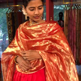 Red Tissue Silk Dupatta with Gold Zari Buttis