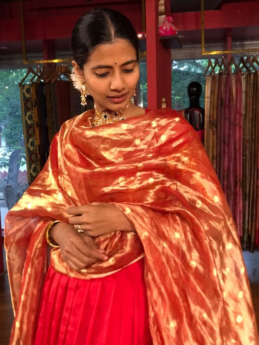 Red Tissue Silk Dupatta with Gold Zari Buttis - Image 1