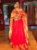 Red Tissue Silk Dupatta with Gold Zari Buttis - Image 2