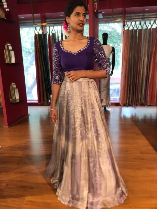 Ombre Purple Embroidered Tissue Silk Lehenga Set - Image 2