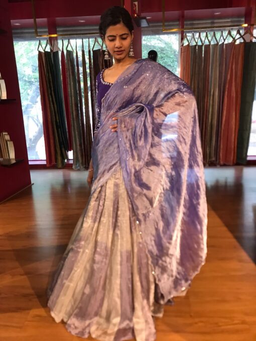 Ombre Purple Embroidered Tissue Silk Lehenga Set of 3 - Image 4