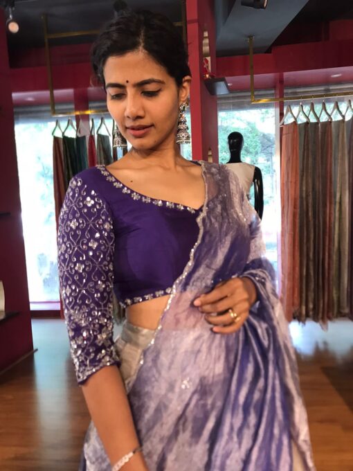 Ombre Purple Embroidered Tissue Silk Lehenga Set of 3 - Image 5