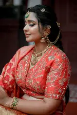 Red Embroidered Silk Lehenga Set of 3 with Bandhini dupatta - Image 4