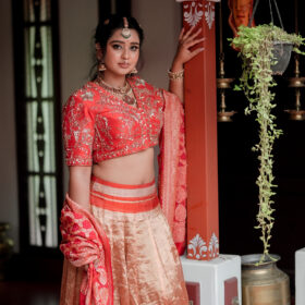 Red Embroidered Silk Lehenga Set of 3 with Bandhini dupatta