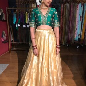 Bottle Green Embroidered Tissue Silk Lehenga Set of 2