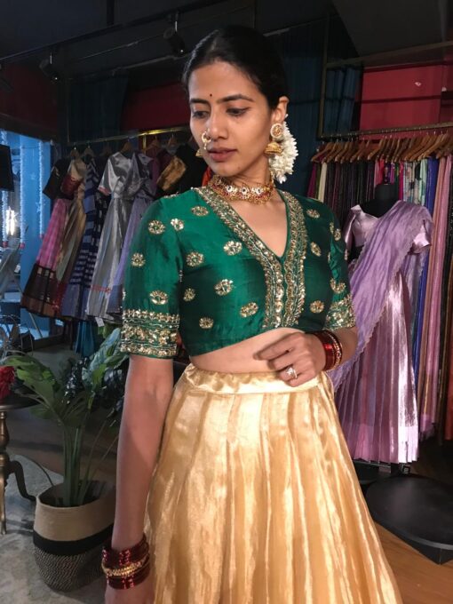 Bottle Green Embroidered Tissue Silk Lehenga Set of 2 - Image 4