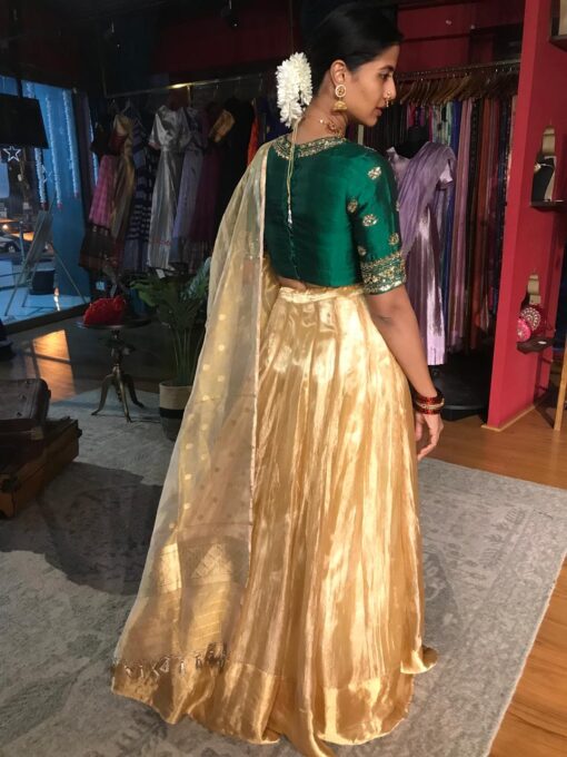 Bottle Green Embroidered Tissue Silk Lehenga Set of 3 - Image 4