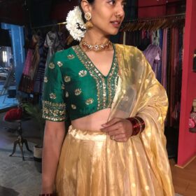 Bottle Green Embroidered Tissue Silk Lehenga Set of 3