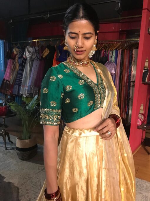 Bottle Green Embroidered Tissue Silk Lehenga Set of 3 - Image 3