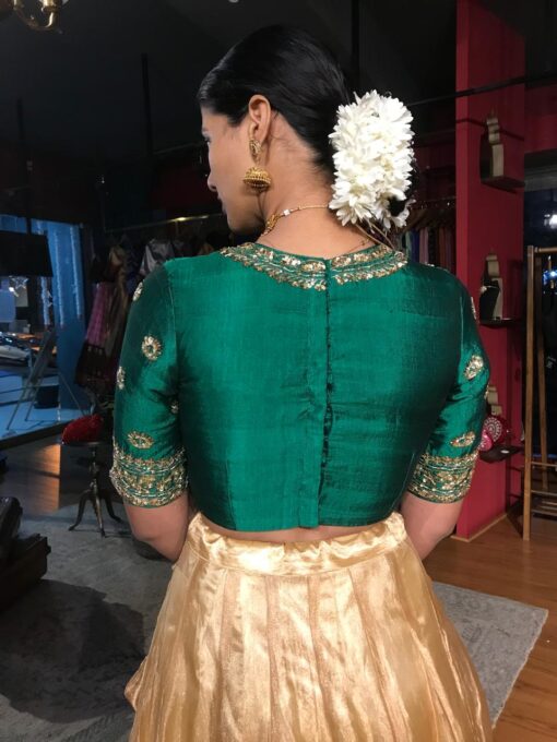Bottle Green Embroidered Tissue Silk Lehenga Set of 2 - Image 3
