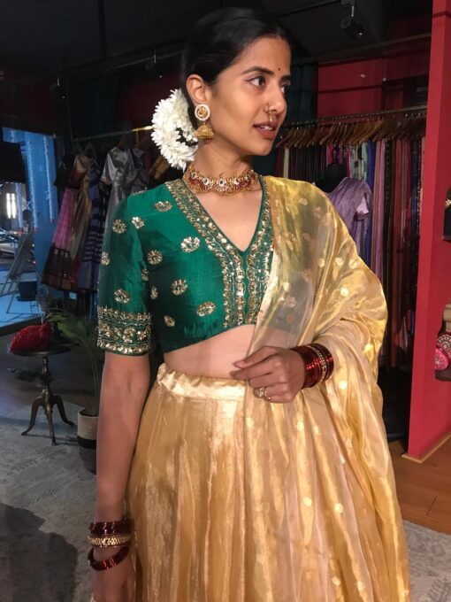 Bottle Green Embroidered Tissue Silk Lehenga Set of 3 - Image 1