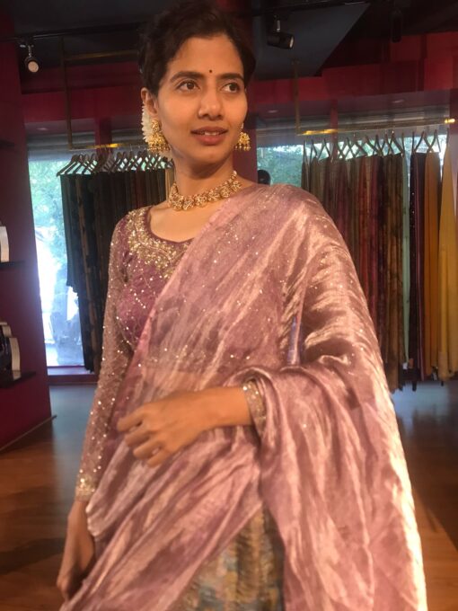 Magenta Embroidered Tissue Silk Lehenga Set of 3 - Image 2