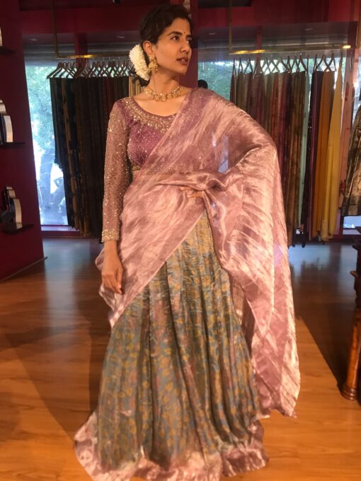 Magenta Embroidered Tissue Silk Lehenga Set of 3 - Image 3