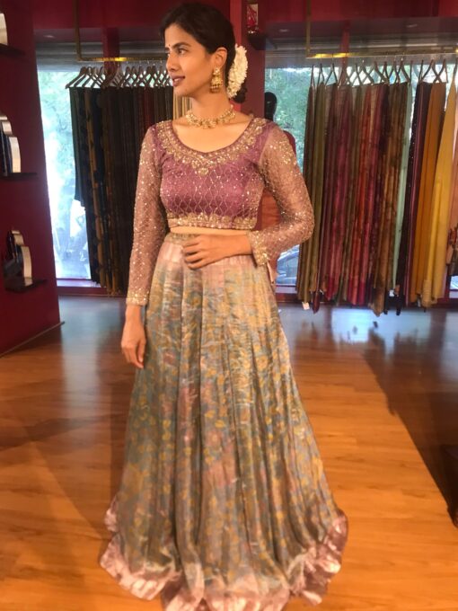 Magenta Embroidered Tissue Silk Lehenga Set of 2 - Image 3