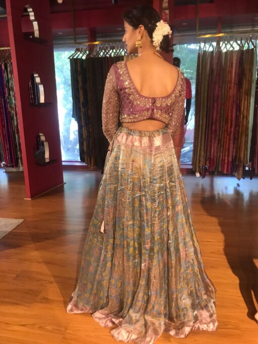 Magenta Embroidered Tissue Silk Lehenga Set of 2 - Image 4