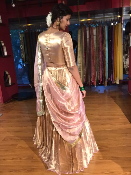 Pink Brocade Tissue Silk Lehenga Set of 3 - Image 4