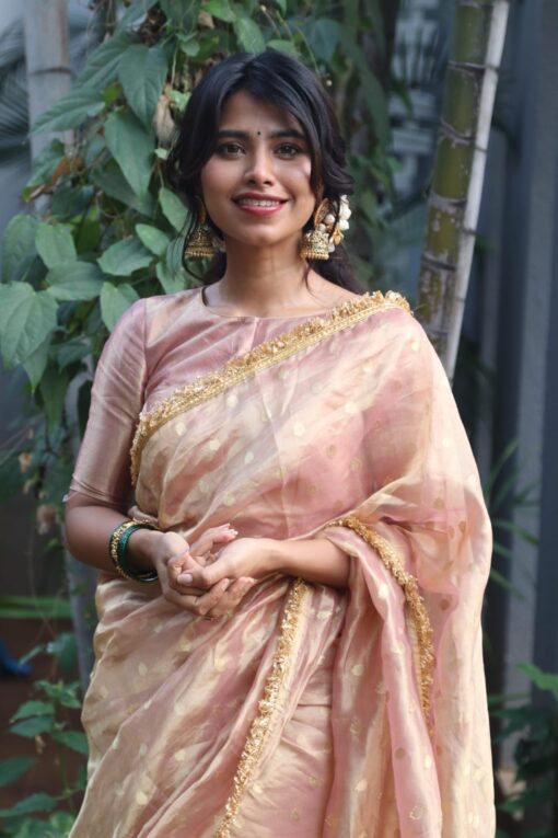 Dusty Pink Tissue Silk Saree woven with Beautiful Gold Zari Buttis - Image 1