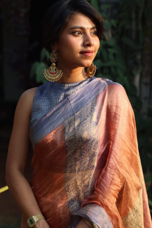 Multicolored Printed Tissue Silk Saree with Zari Border - Image 1