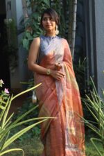 Multicolored Printed Tissue Silk Saree with Zari Border - Image 2