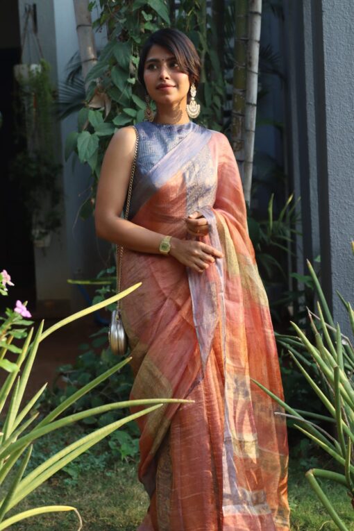 Multicolored Printed Tissue Silk Saree with Zari Border - Image 2