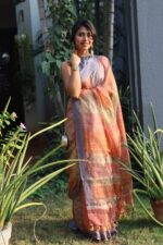Multicolored Printed Tissue Silk Saree with Zari Border - Image 3