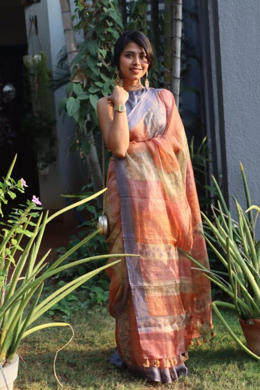 Multicolored Printed Tissue Silk Saree with Zari Border - Image 3