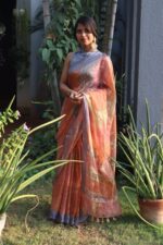 Multicolored Printed Tissue Silk Saree with Zari Border - Image 5