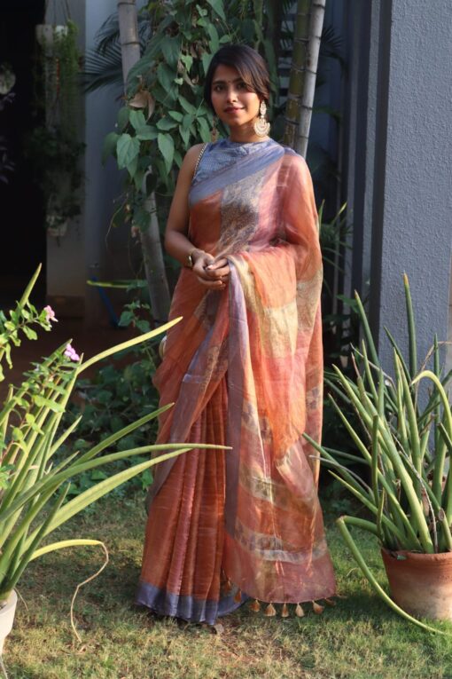 Multicolored Printed Tissue Silk Saree with Zari Border - Image 5