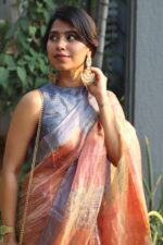 Multicolored Printed Tissue Silk Saree with Zari Border - Image 4