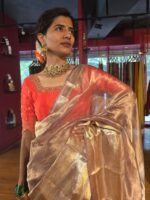 Lilac Gold Tissue Silk Saree with Gold Zari Border - Image 2