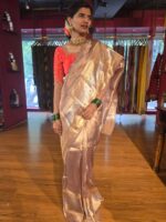 Lilac Gold Tissue Silk Saree with Gold Zari Border - Image 4