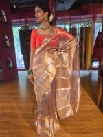 Lilac Gold Tissue Silk Saree with Gold Zari Border - Image 6