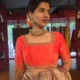 Orange  Raw Silk Blouse with  Embroidery