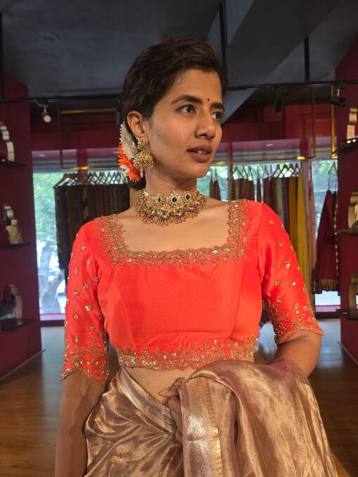 Orange  Raw Silk Blouse with  Embroidery - Image 1